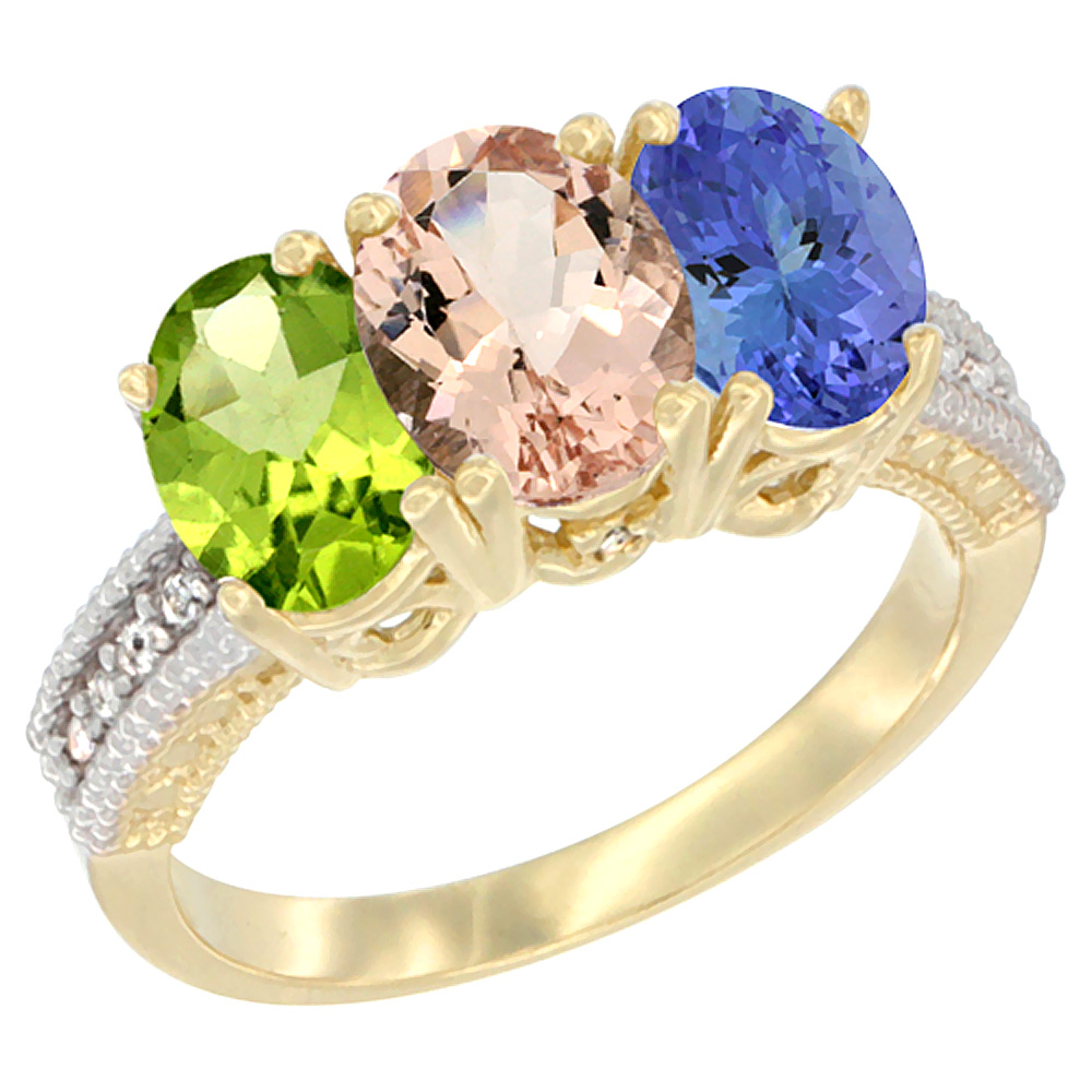 14K Yellow Gold Natural Peridot, Morganite & Tanzanite Ring 3-Stone Oval 7x5 mm Diamond Accent, sizes 5 - 10