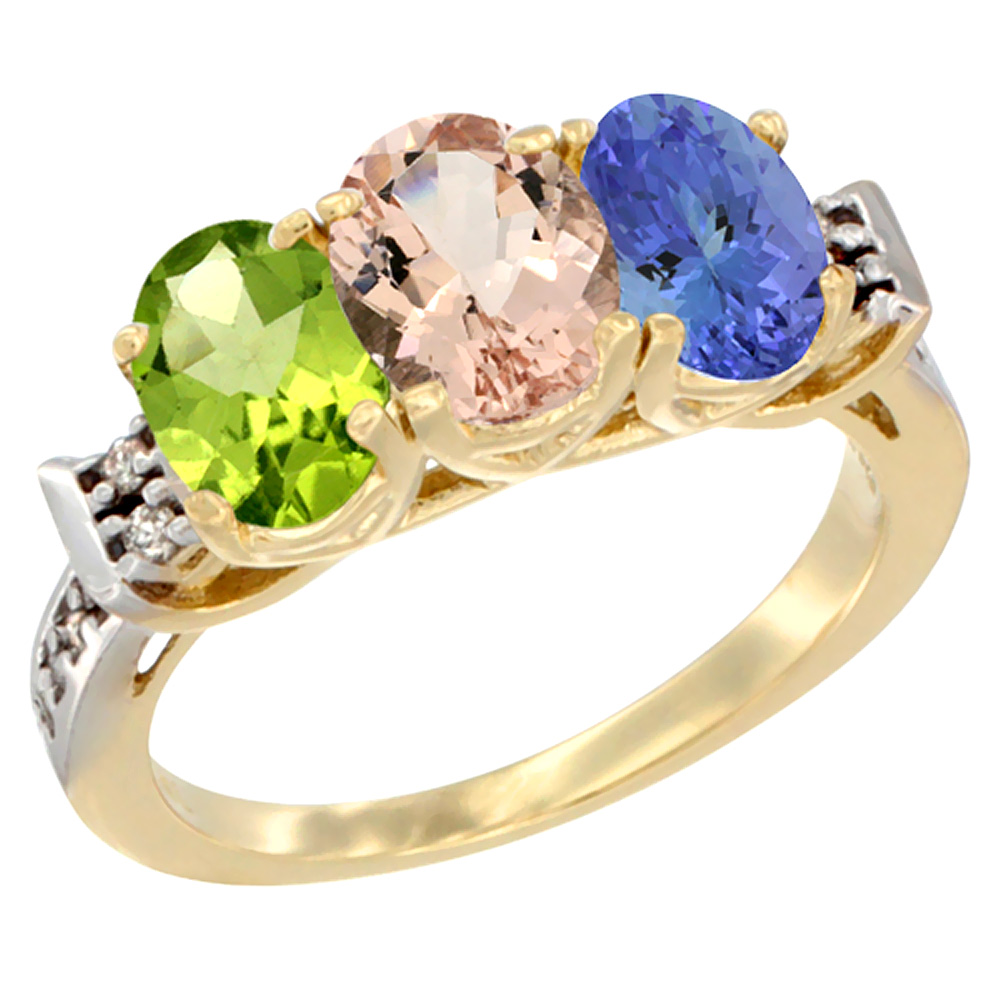 14K Yellow Gold Natural Peridot, Morganite & Tanzanite Ring 3-Stone Oval 7x5 mm Diamond Accent, sizes 5 - 10