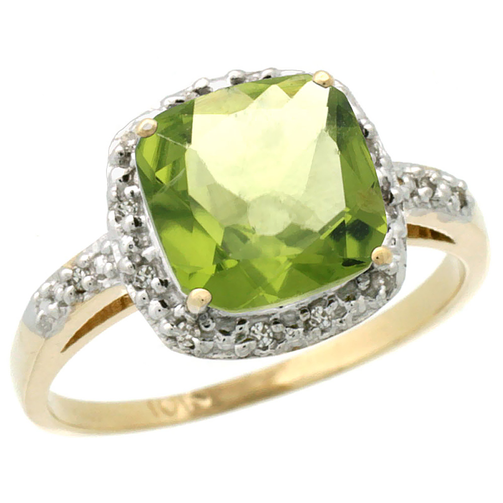 10K Yellow Gold Diamond Natural Peridot Ring Cushion-cut 8x8 mm, sizes 5-10