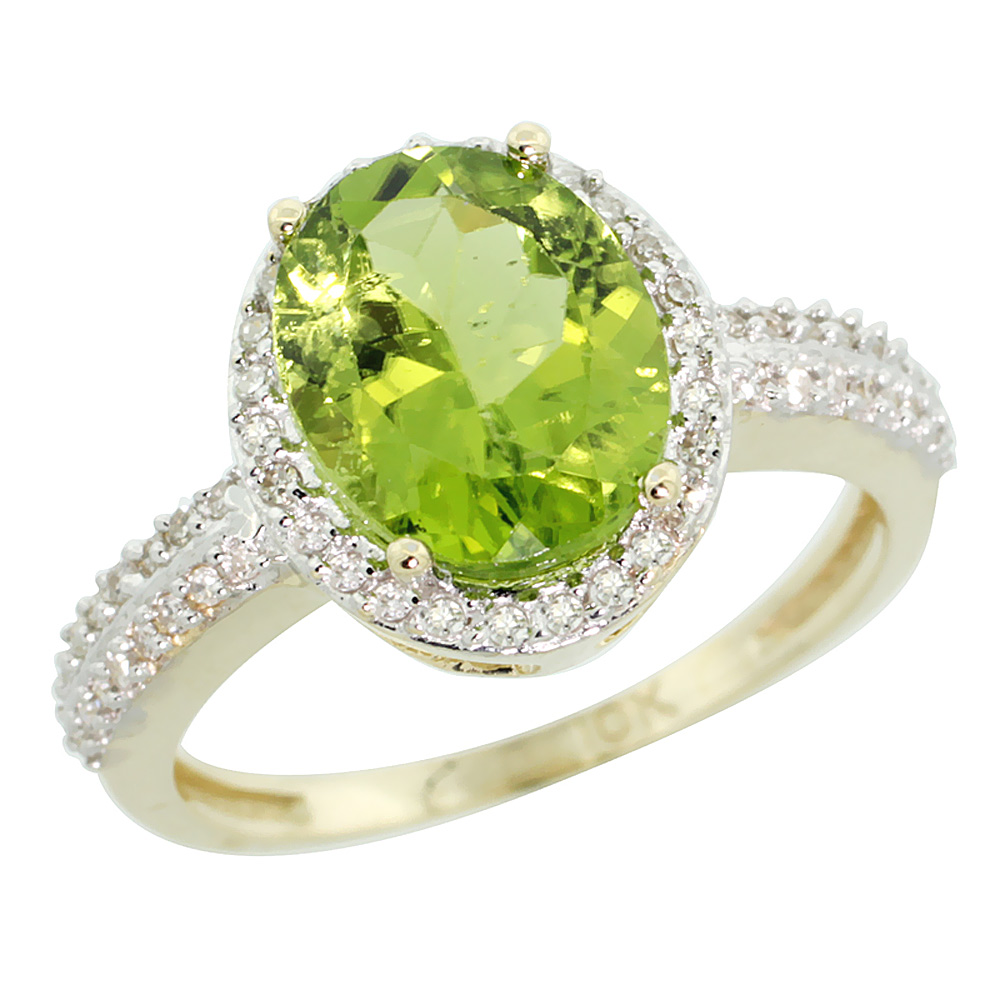 10K Yellow Gold Diamond Natural Peridot Engagement Ring Oval 10x8mm, sizes 5-10