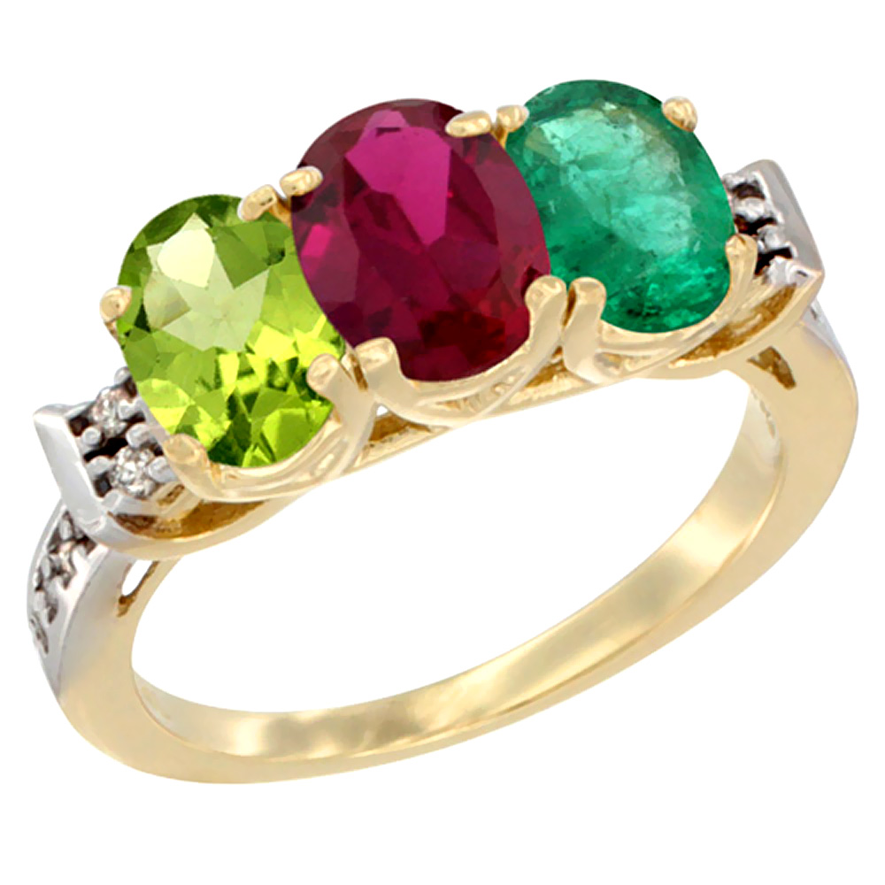 14K Yellow Gold Natural Peridot, Enhanced Ruby & Natural Emerald Ring 3-Stone Oval 7x5 mm Diamond Accent, sizes 5 - 10