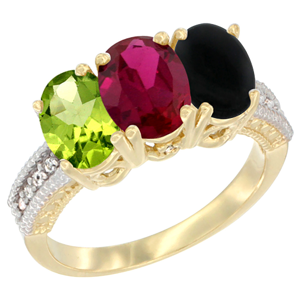 10K Yellow Gold Natural Peridot, Enhanced Ruby & Black Onyx Ring 3-Stone Oval 7x5 mm, sizes 5 - 10