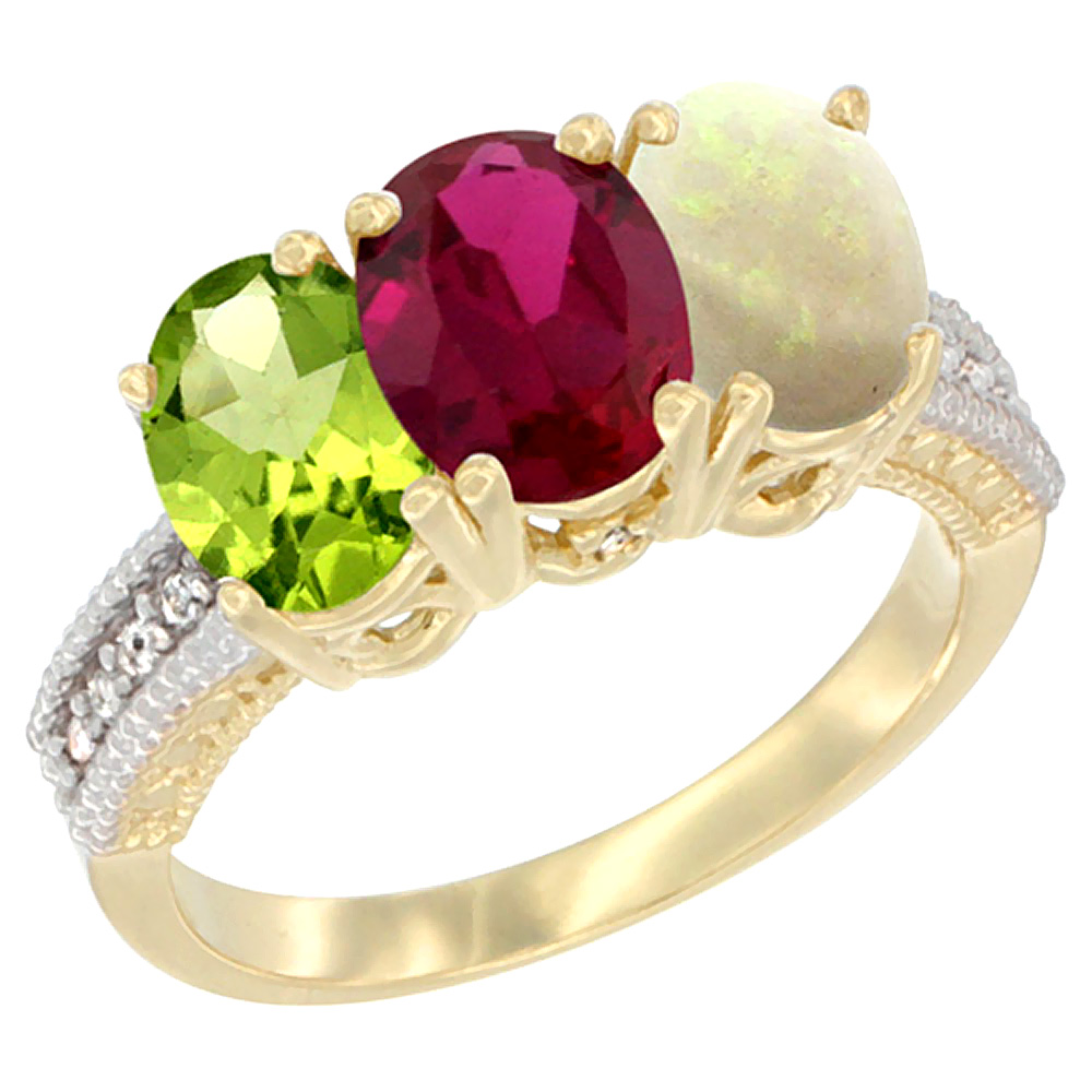 10K Yellow Gold Natural Peridot, Enhanced Ruby & Opal Ring 3-Stone Oval 7x5 mm, sizes 5 - 10