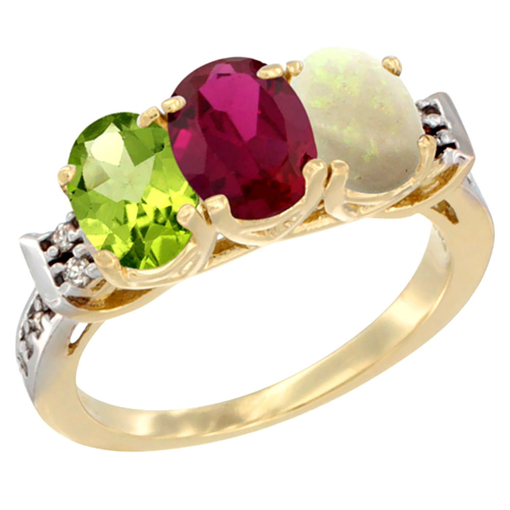 14K Yellow Gold Natural Peridot, Enhanced Ruby & Natural Opal Ring 3-Stone Oval 7x5 mm Diamond Accent, sizes 5 - 10