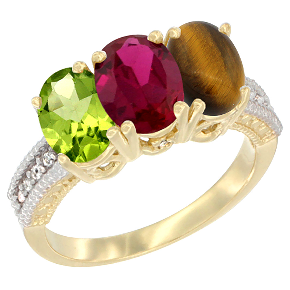 10K Yellow Gold Natural Peridot, Enhanced Ruby & Tiger Eye Ring 3-Stone Oval 7x5 mm, sizes 5 - 10