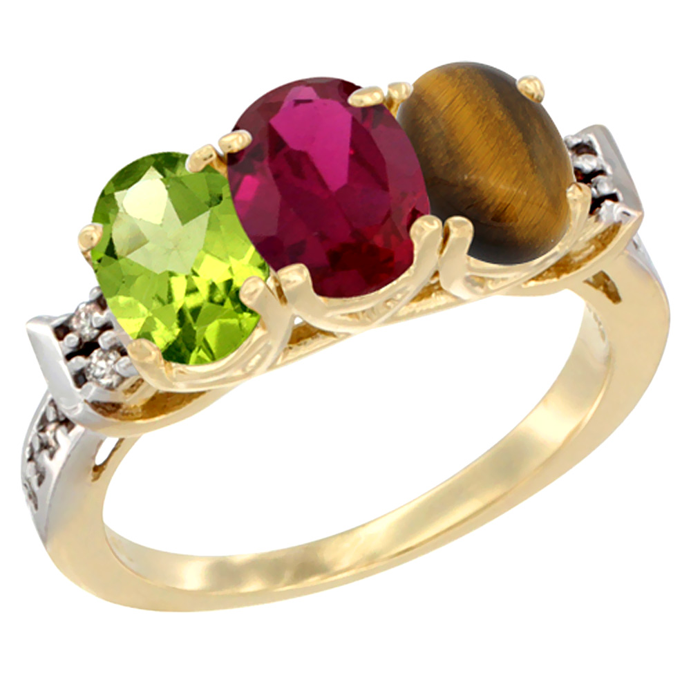 14K Yellow Gold Natural Peridot, Enhanced Ruby & Natural Tiger Eye Ring 3-Stone Oval 7x5 mm Diamond Accent, sizes 5 - 10