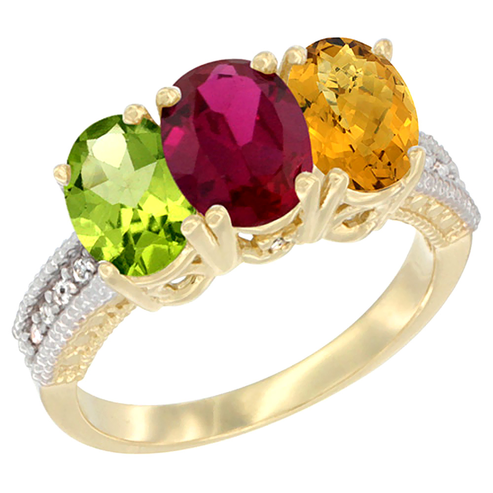 14K Yellow Gold Natural Peridot, Enhanced Ruby & Natural Whisky Quartz Ring 3-Stone Oval 7x5 mm Diamond Accent, sizes 5 - 10