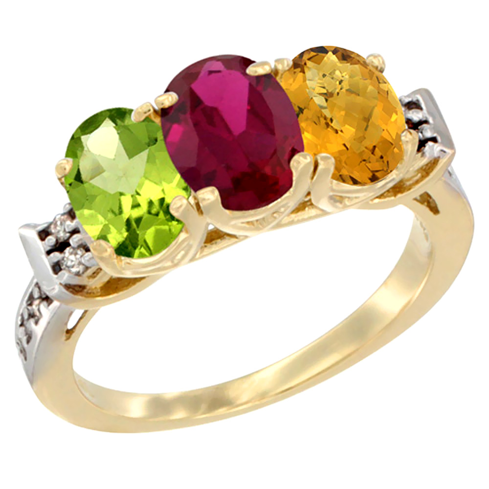 14K Yellow Gold Natural Peridot, Enhanced Ruby &amp; Natural Whisky Quartz Ring 3-Stone Oval 7x5 mm Diamond Accent, sizes 5 - 10