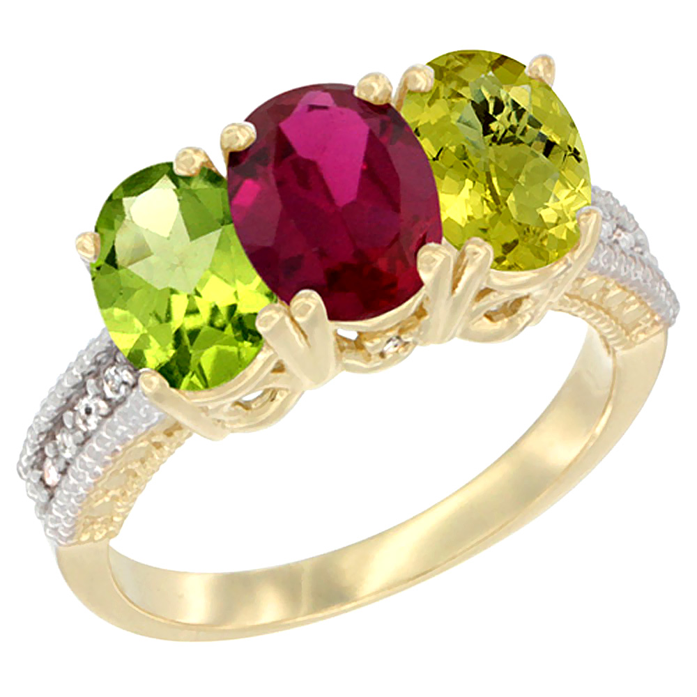 10K Yellow Gold Natural Peridot, Enhanced Ruby & Lemon Quartz Ring 3-Stone Oval 7x5 mm, sizes 5 - 10