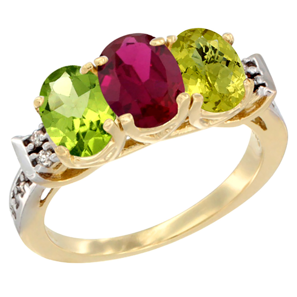 14K Yellow Gold Natural Peridot, Enhanced Ruby & Natural Lemon Quartz Ring 3-Stone Oval 7x5 mm Diamond Accent, sizes 5 - 10