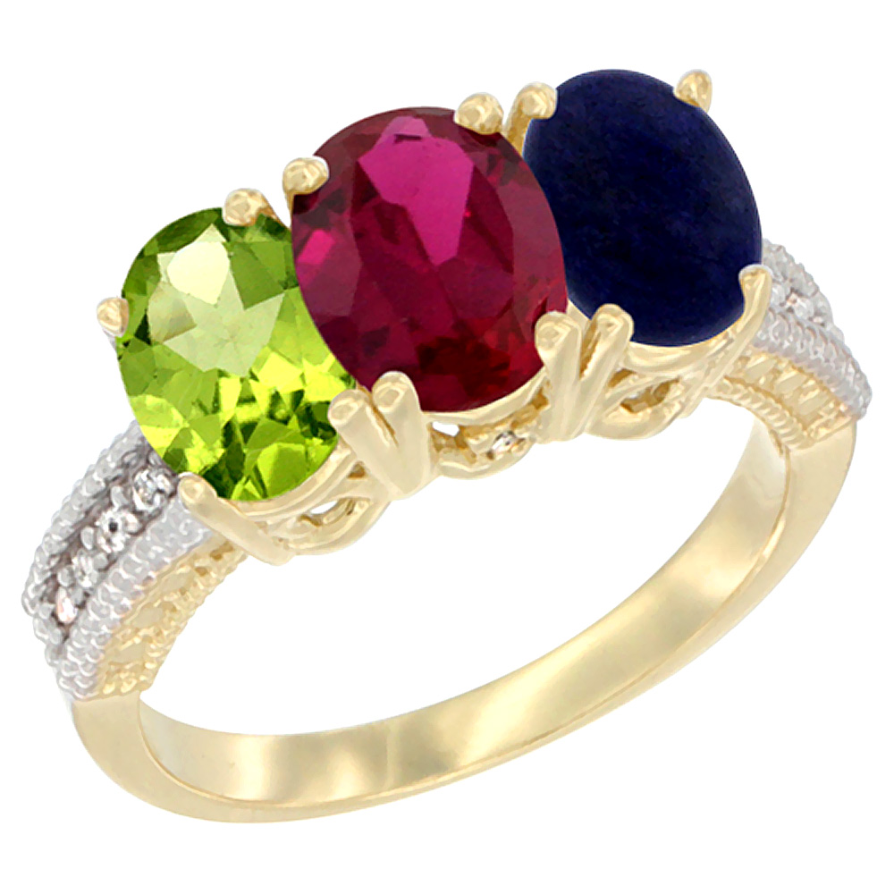 10K Yellow Gold Natural Peridot, Enhanced Ruby & Lapis Ring 3-Stone Oval 7x5 mm, sizes 5 - 10