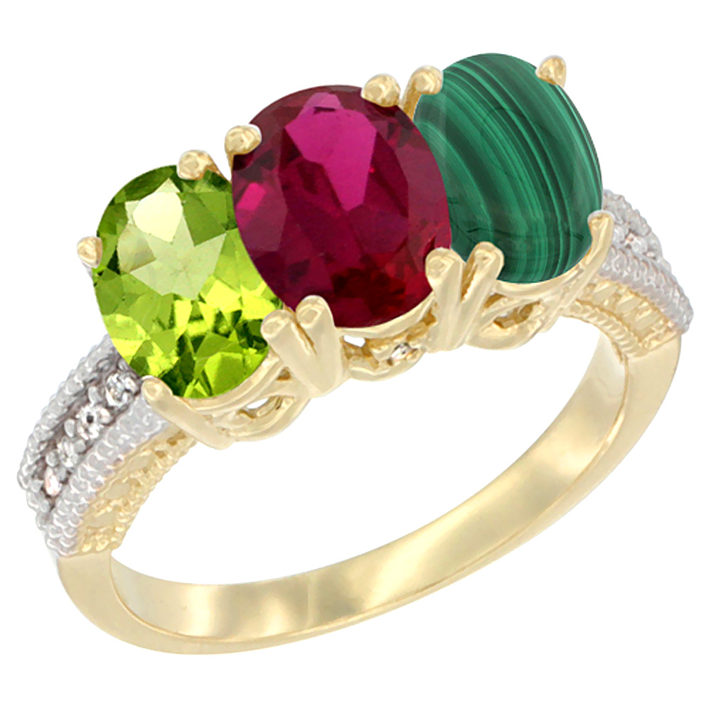 10K Yellow Gold Natural Peridot, Enhanced Ruby &amp; Malachite Ring 3-Stone Oval 7x5 mm, sizes 5 - 10