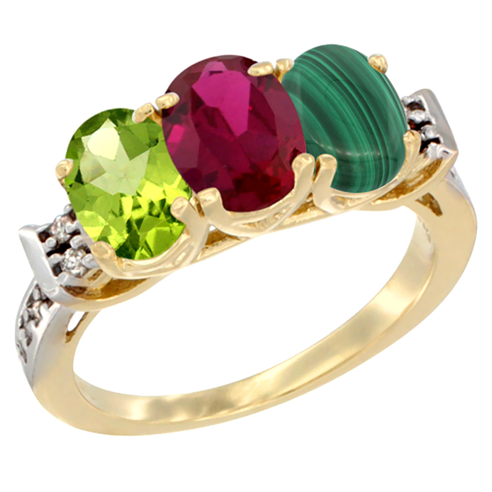 14K Yellow Gold Natural Peridot, Enhanced Ruby & Natural Malachite Ring 3-Stone Oval 7x5 mm Diamond Accent, sizes 5 - 10