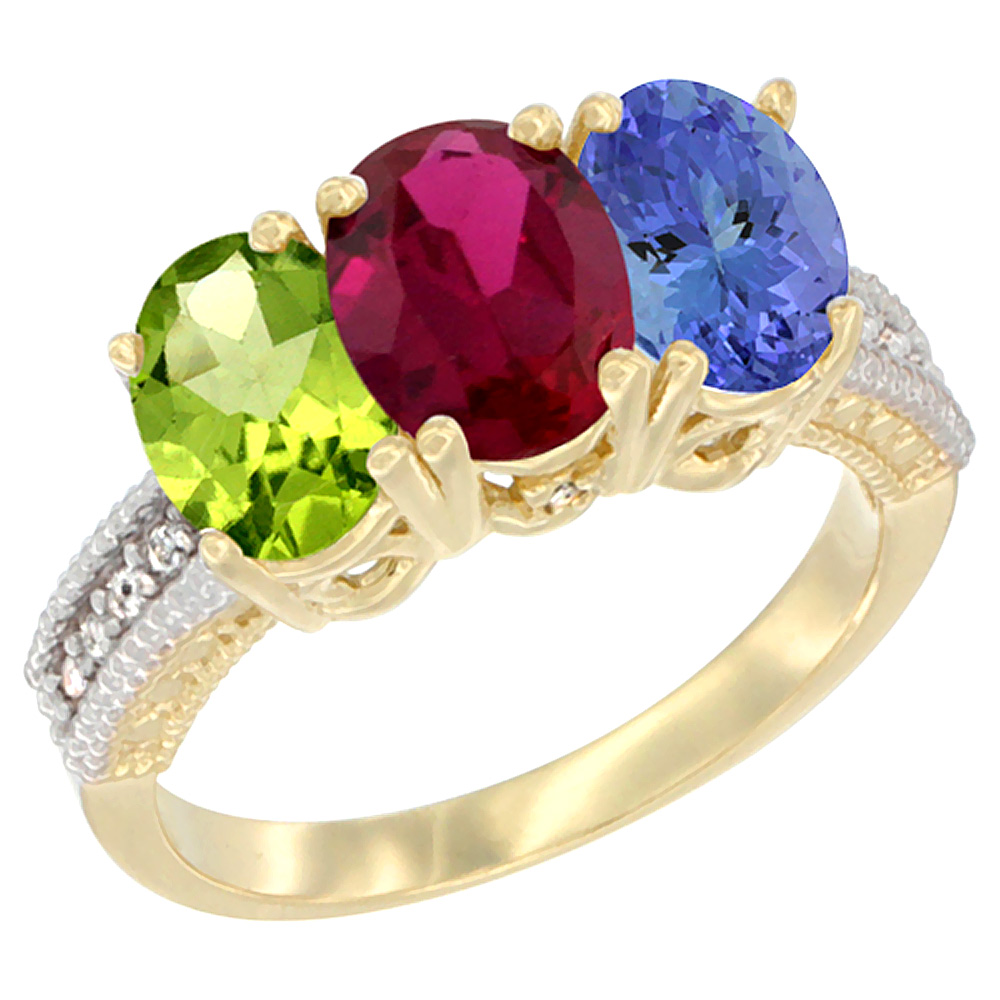 14K Yellow Gold Natural Peridot, Enhanced Ruby & Natural Tanzanite Ring 3-Stone Oval 7x5 mm Diamond Accent, sizes 5 - 10