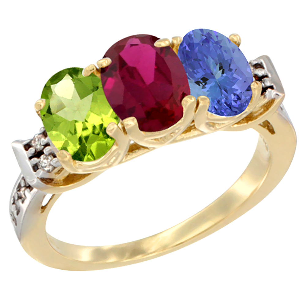 10K Yellow Gold Natural Peridot, Enhanced Ruby & Natural Tanzanite Ring 3-Stone Oval 7x5 mm Diamond Accent, sizes 5 - 10