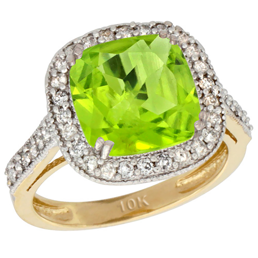 10k Yellow Gold Natural Peridot Ring Cushion-cut 9x9mm Diamond Halo, sizes 5-10