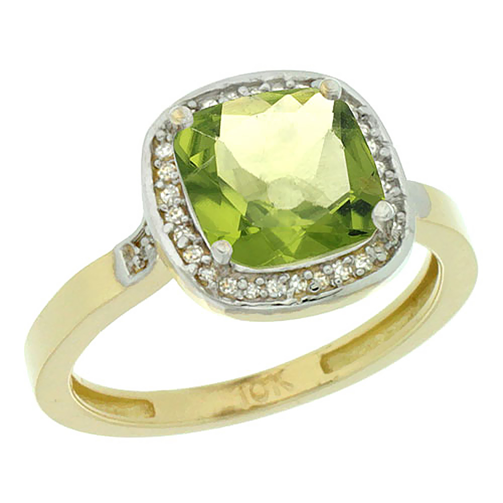 10K Yellow Gold Diamond Natural Peridot Ring Cushion-cut 8x8mm, sizes 5-10