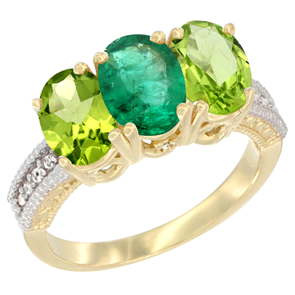 14K Yellow Gold Natural Emerald &amp; Peridot Sides Ring 3-Stone Oval 7x5 mm Diamond Accent, sizes 5 - 10