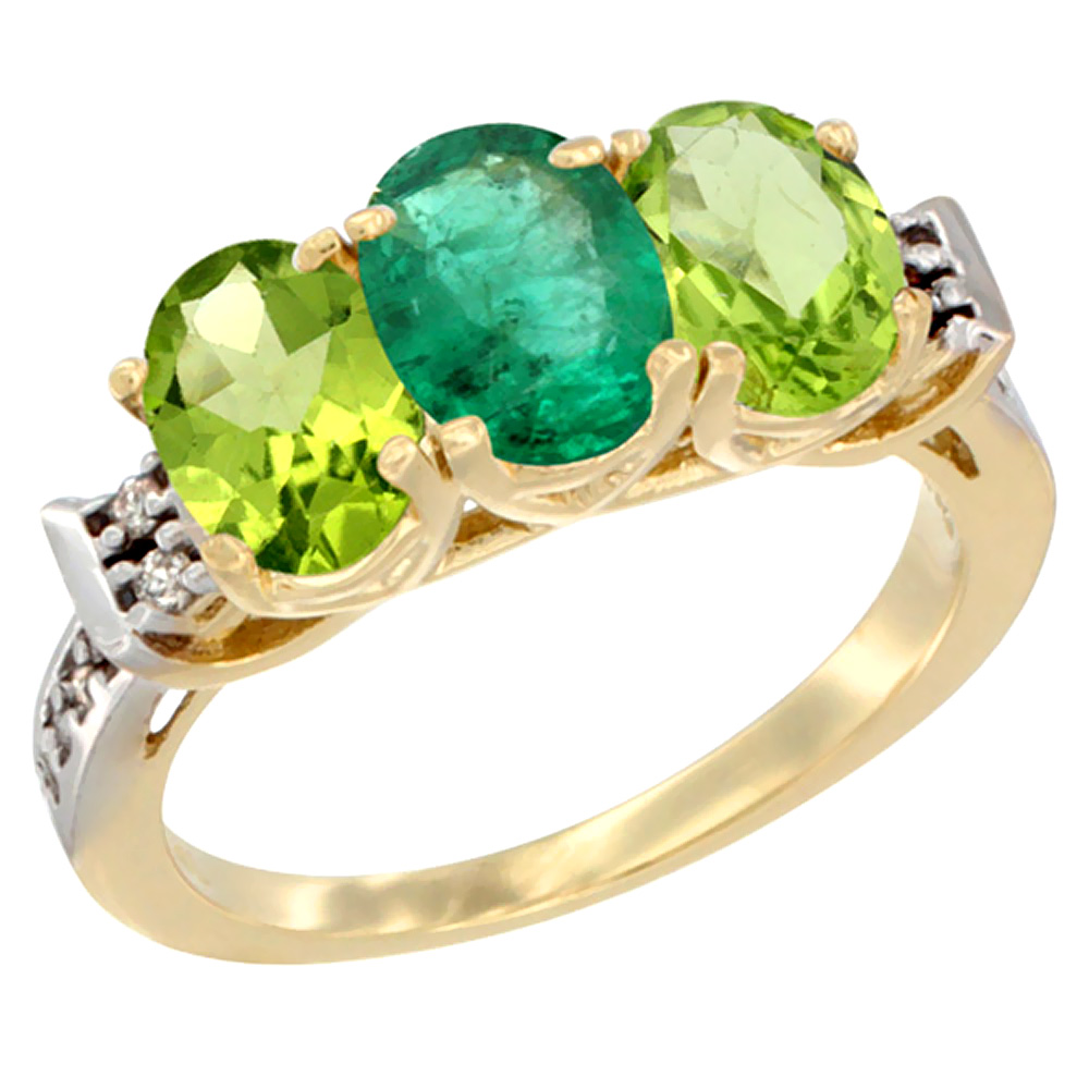 14K Yellow Gold Natural Emerald & Peridot Sides Ring 3-Stone Oval 7x5 mm Diamond Accent, sizes 5 - 10