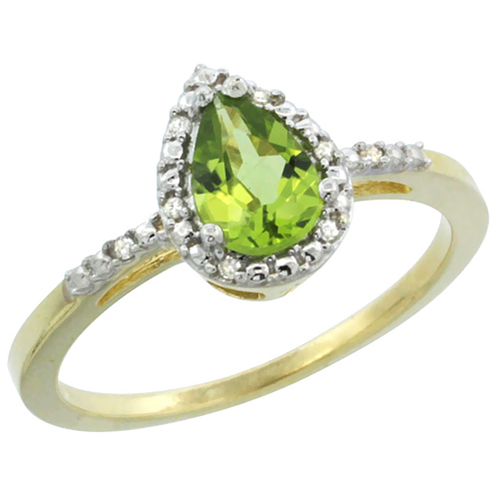 14K Yellow Gold Diamond Natural Peridot Ring Pear 7x5mm, sizes 5-10