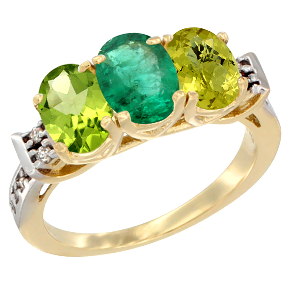 14K Yellow Gold Natural Peridot, Emerald &amp; Lemon Quartz Ring 3-Stone Oval 7x5 mm Diamond Accent, sizes 5 - 10