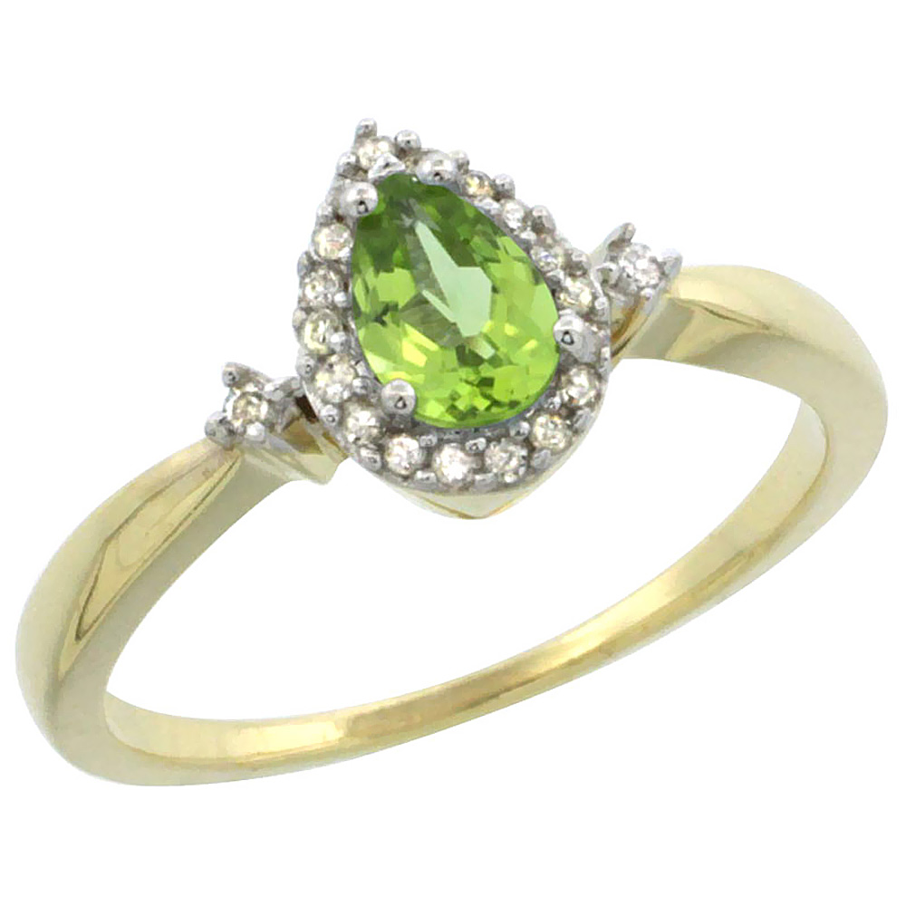 10K Yellow Gold Diamond Natural Peridot Ring Pear 6x4mm, sizes 5-10