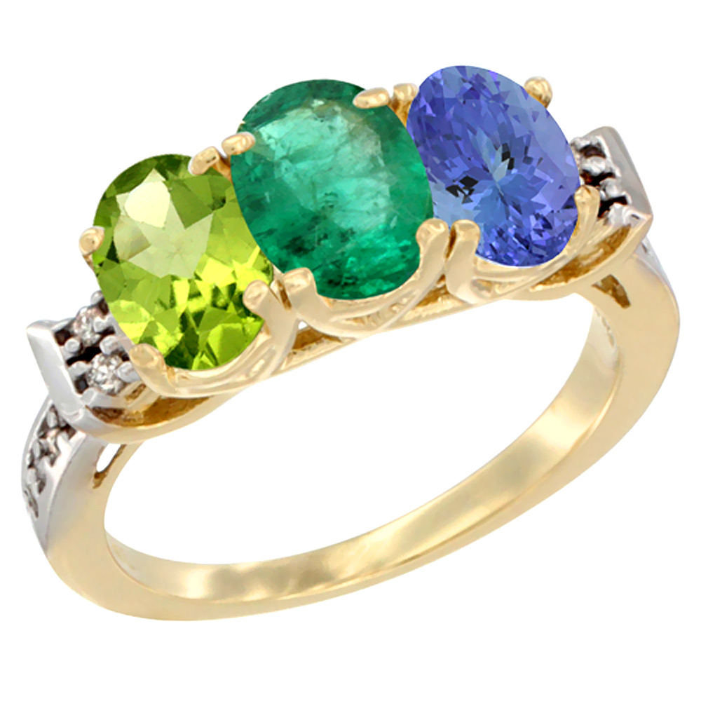 14K Yellow Gold Natural Peridot, Emerald & Tanzanite Ring 3-Stone Oval 7x5 mm Diamond Accent, sizes 5 - 10