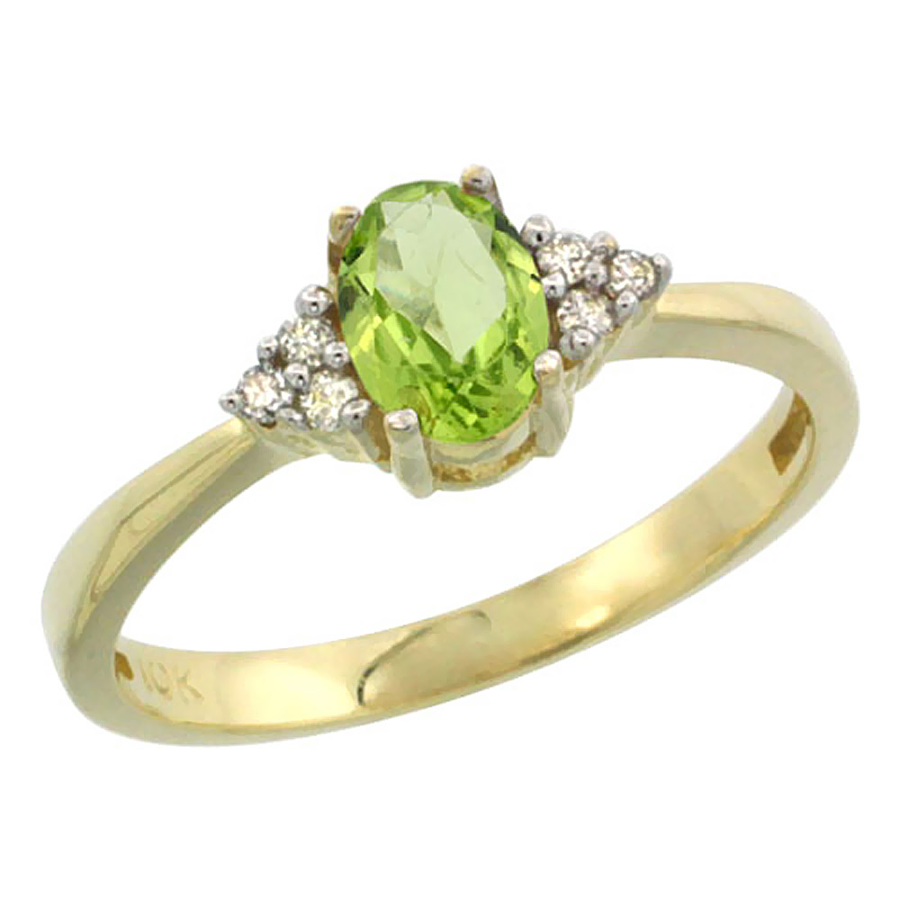 10K Yellow Gold Natural Peridot Ring Oval 6x4mm Diamond Accent, sizes 5-10