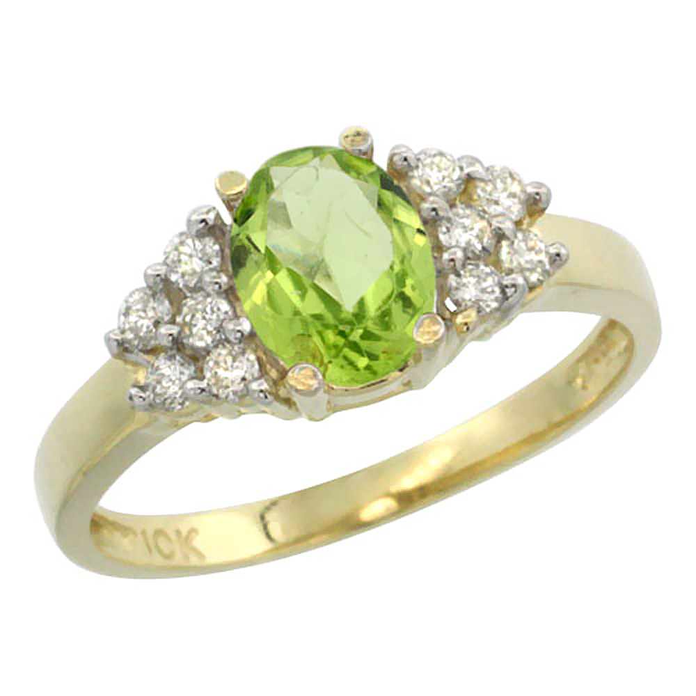 10K Yellow Gold Natural Peridot Ring Oval 8x6mm Diamond Accent, sizes 5-10