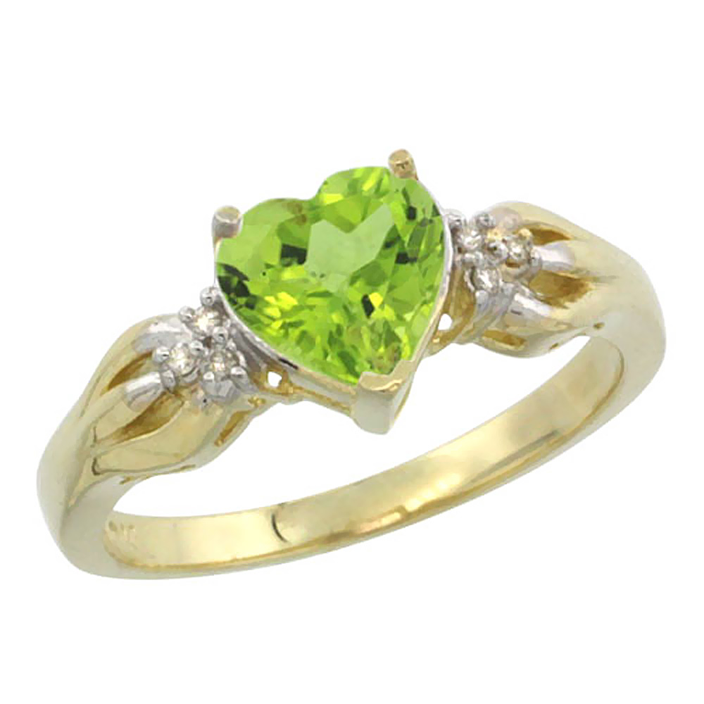 10K Yellow Gold Natural Peridot Ring Heart-shape 7x7mm Diamond Accent, sizes 5-10