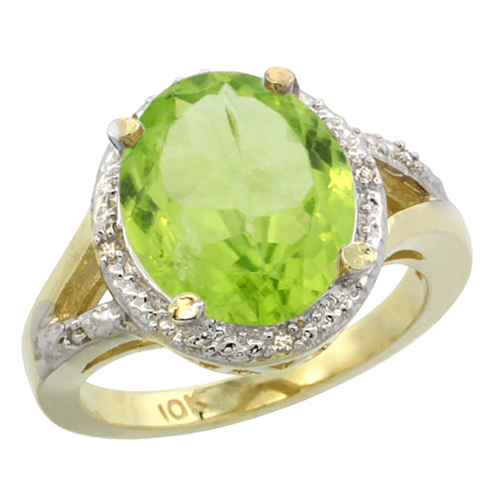 10K Yellow Gold Natural Peridot Ring Oval 12x10mm Diamond Accent, sizes 5-10