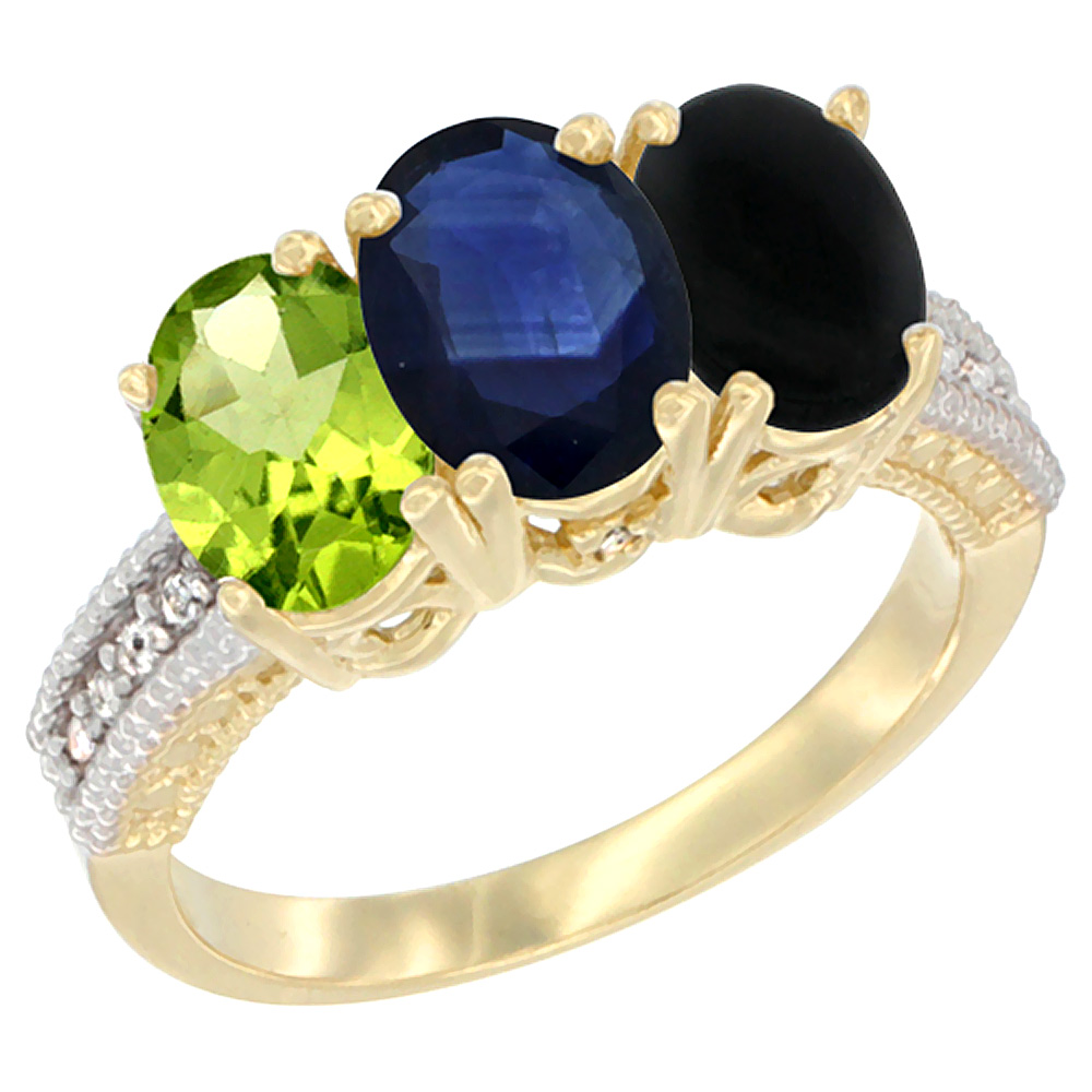 14K Yellow Gold Natural Peridot, Blue Sapphire & Black Onyx Ring 3-Stone Oval 7x5 mm Diamond Accent, sizes 5 - 10