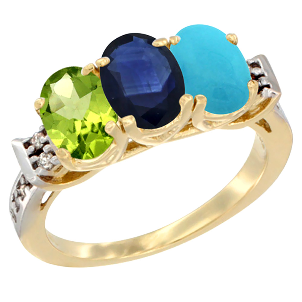 14K Yellow Gold Natural Peridot, Blue Sapphire & Turquoise Ring 3-Stone Oval 7x5 mm Diamond Accent, sizes 5 - 10