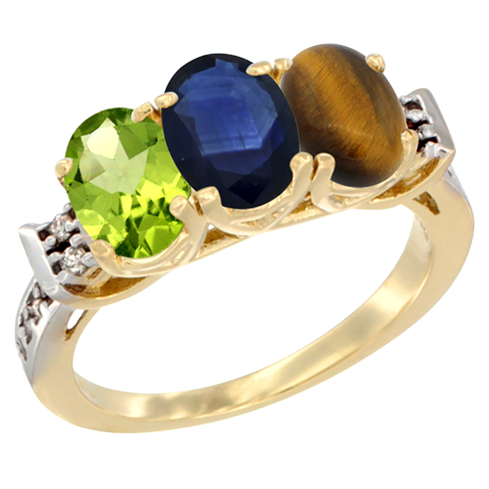 14K Yellow Gold Natural Peridot, Blue Sapphire & Tiger Eye Ring 3-Stone Oval 7x5 mm Diamond Accent, sizes 5 - 10