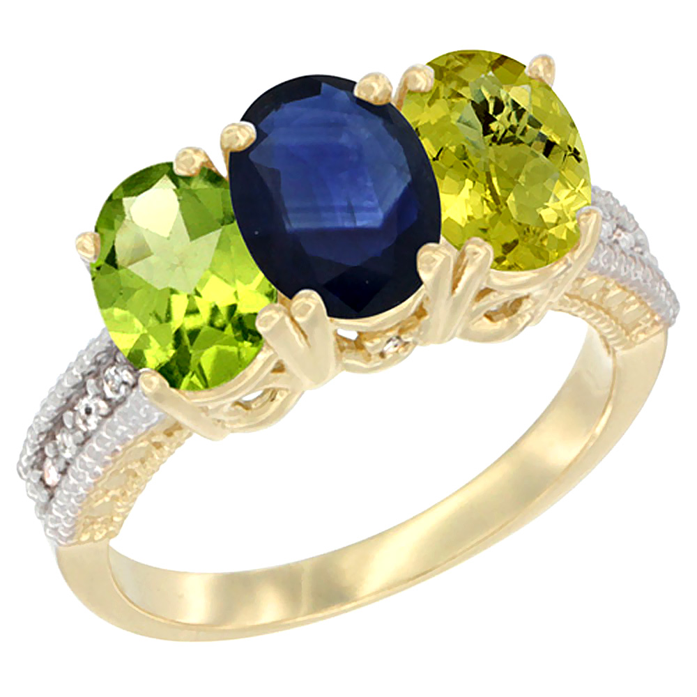 10K Yellow Gold Natural Peridot, Blue Sapphire & Lemon Quartz Ring 3-Stone Oval 7x5 mm, sizes 5 - 10