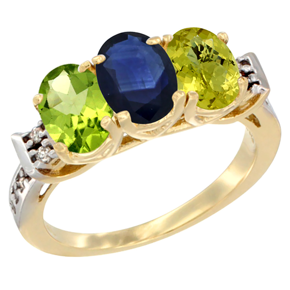 14K Yellow Gold Natural Peridot, Blue Sapphire & Lemon Quartz Ring 3-Stone Oval 7x5 mm Diamond Accent, sizes 5 - 10