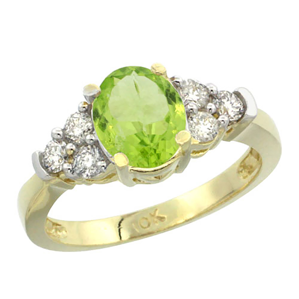 10K Yellow Gold Natural Peridot Ring Oval 9x7mm Diamond Accent, sizes 5-10