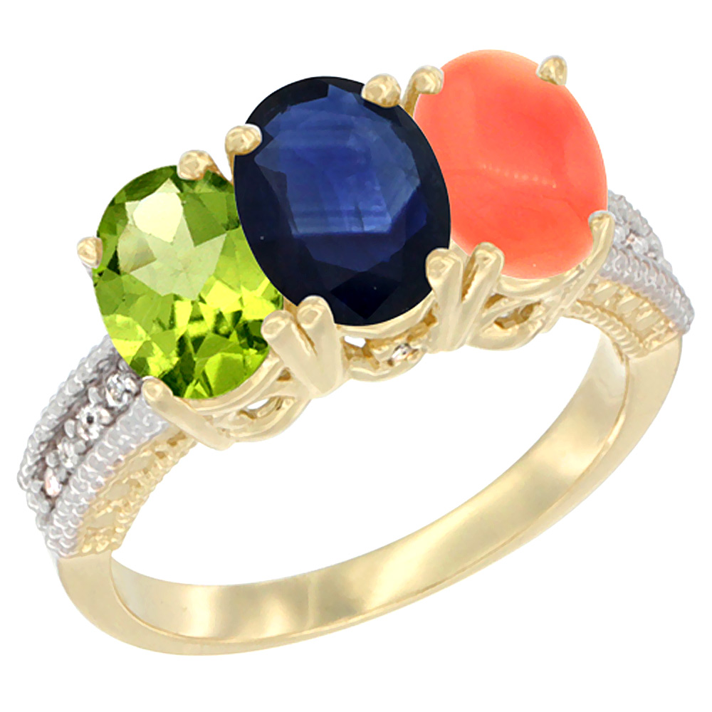 14K Yellow Gold Natural Peridot, Blue Sapphire & Coral Ring 3-Stone Oval 7x5 mm Diamond Accent, sizes 5 - 10