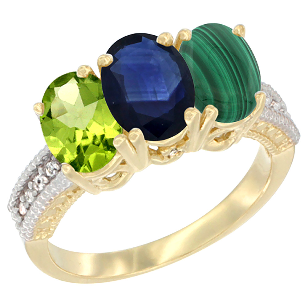 14K Yellow Gold Natural Peridot, Blue Sapphire & Malachite Ring 3-Stone Oval 7x5 mm Diamond Accent, sizes 5 - 10