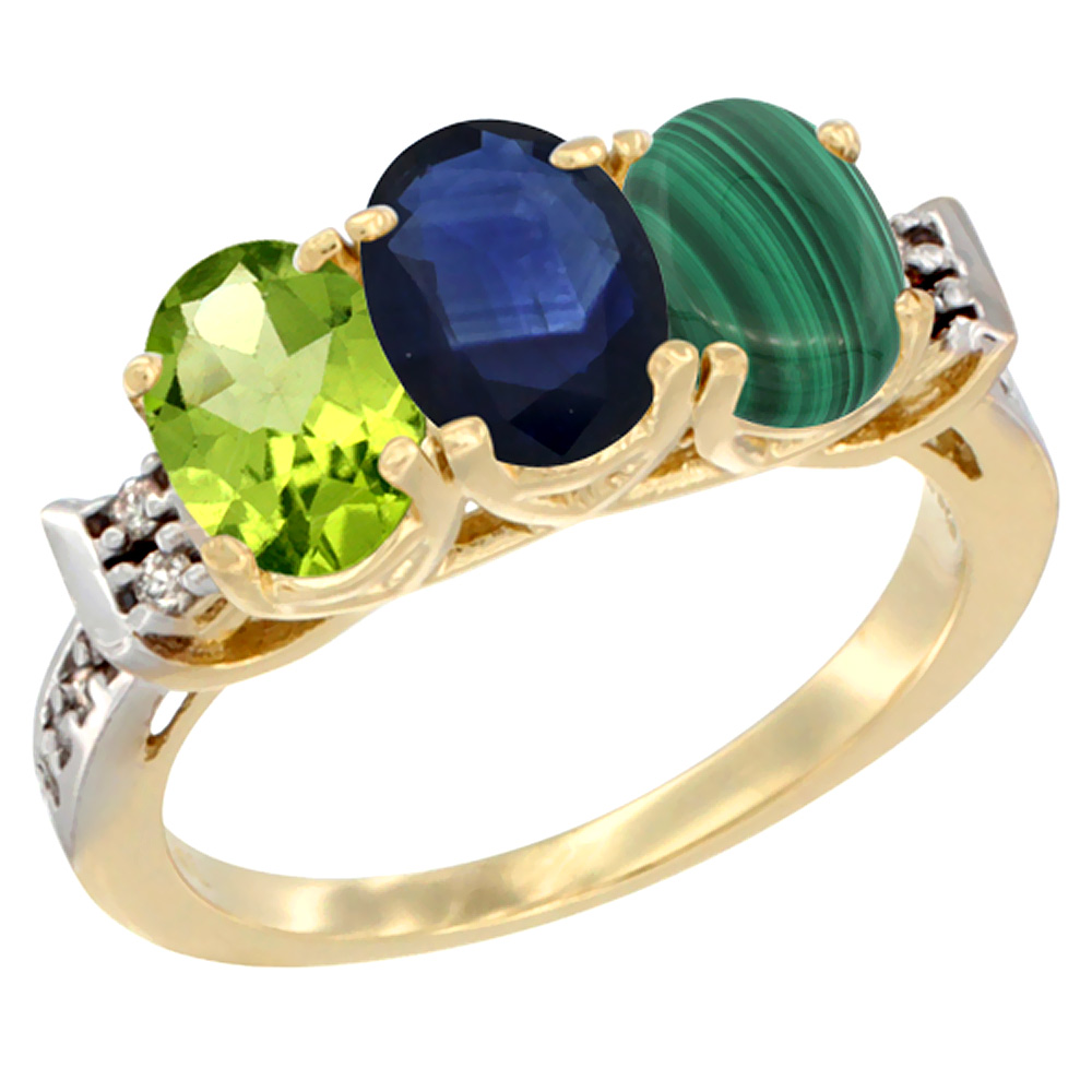 14K Yellow Gold Natural Peridot, Blue Sapphire & Malachite Ring 3-Stone Oval 7x5 mm Diamond Accent, sizes 5 - 10