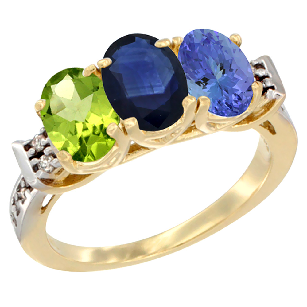 14K Yellow Gold Natural Peridot, Blue Sapphire & Tanzanite Ring 3-Stone Oval 7x5 mm Diamond Accent, sizes 5 - 10