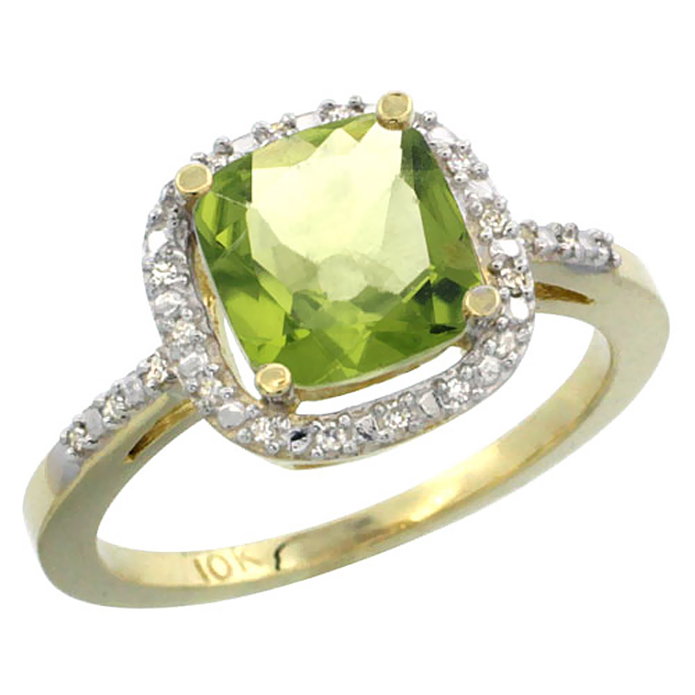 14K Yellow Gold Natural Peridot Ring Cushion-cut 8x8mm Diamond Accent, sizes 5-10