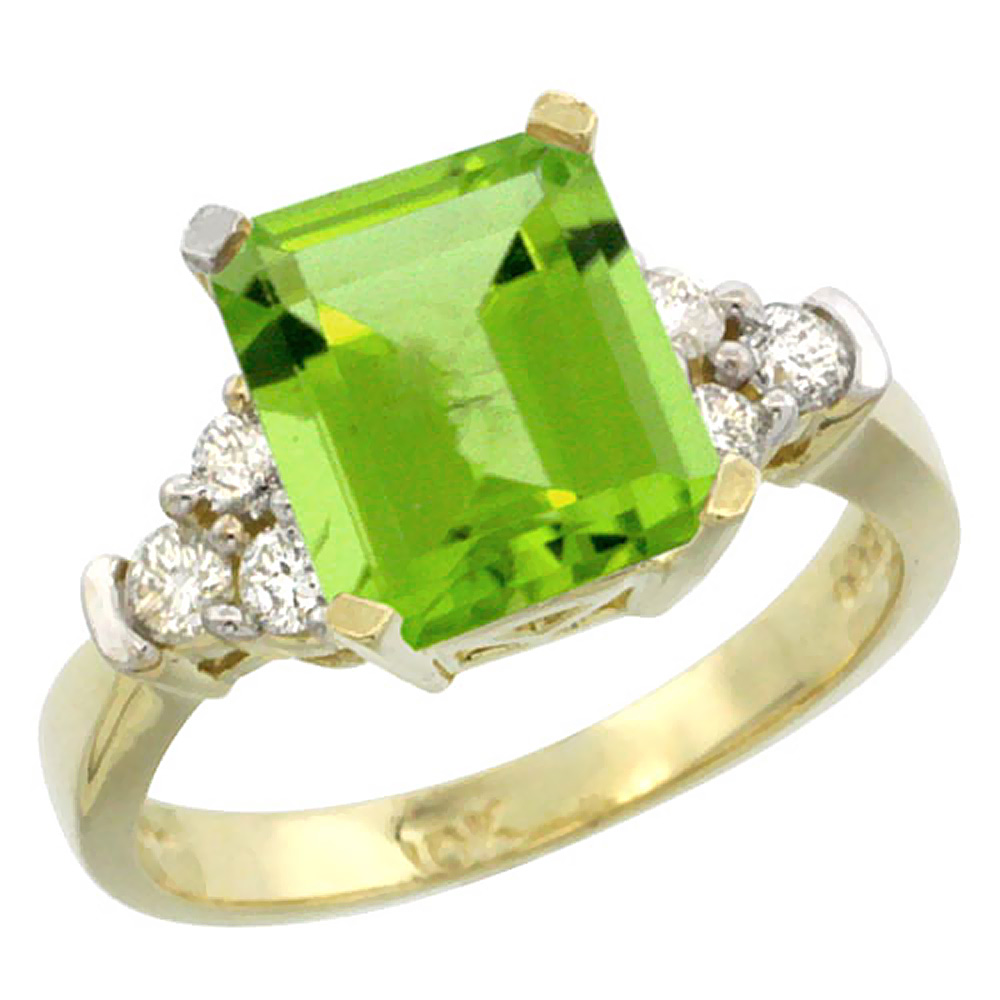 10K Yellow Gold Natural Peridot Ring Octagon 9x7mm Diamond Accent, sizes 5-10