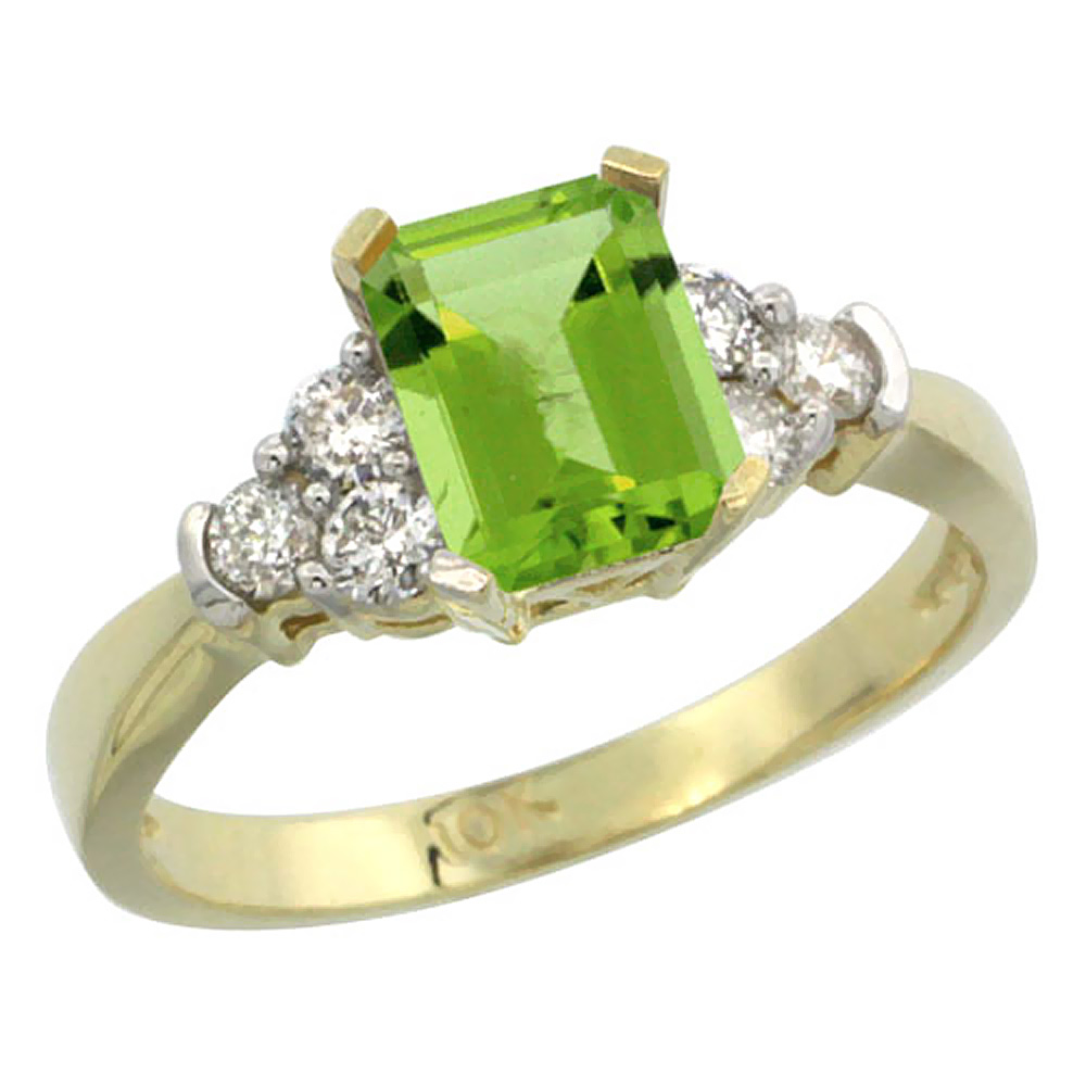 10K Yellow Gold Natural Peridot Ring Octagon 7x5mm Diamond Accent, sizes 5-10