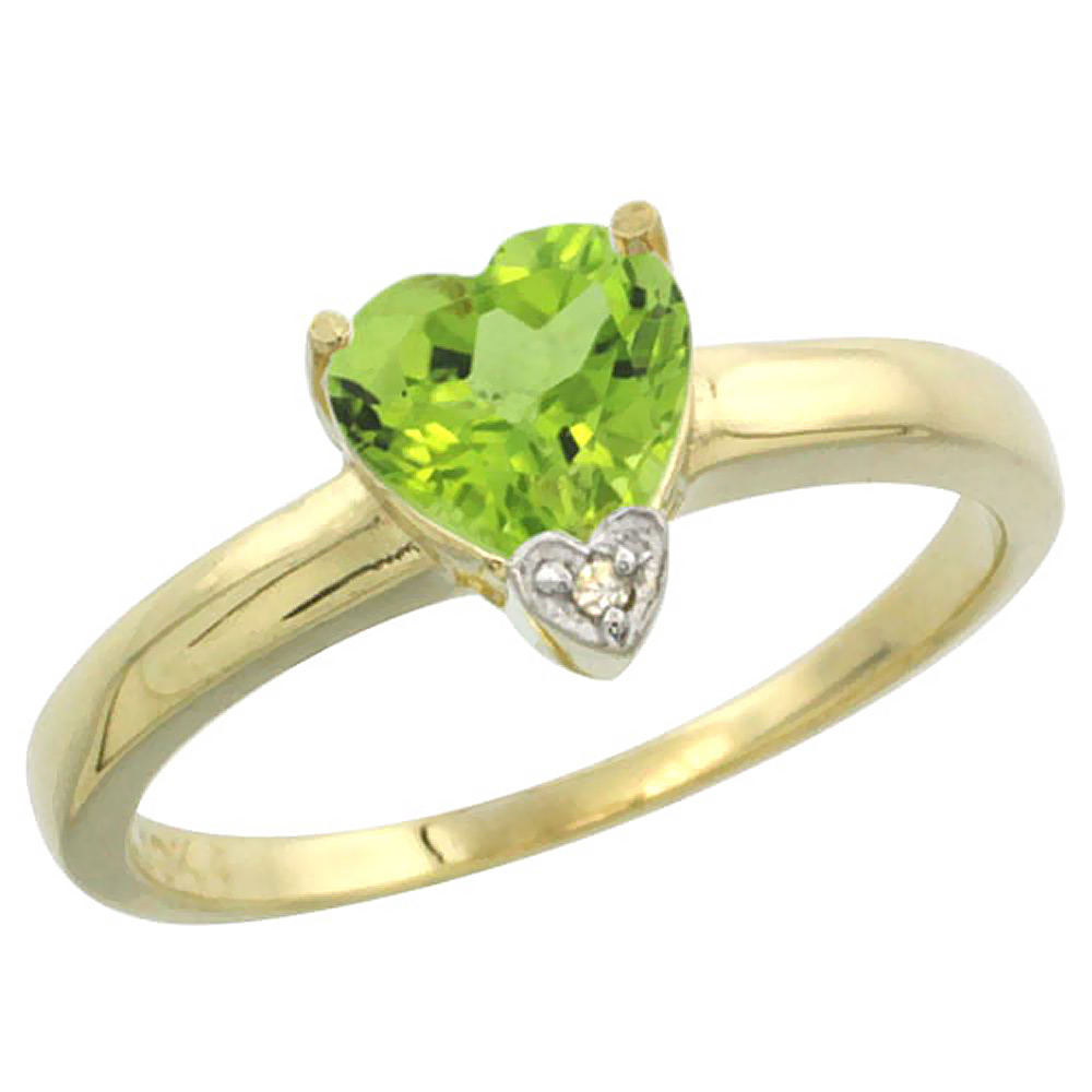 14K Yellow Gold Natural Peridot Heart 7x7mm Diamond Accent, sizes 5-10