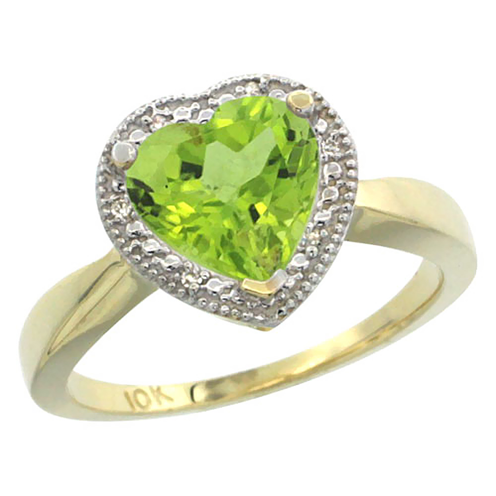 14K Yellow Gold Natural Peridot Ring Heart 8x8mm Diamond Accent, sizes 5-10