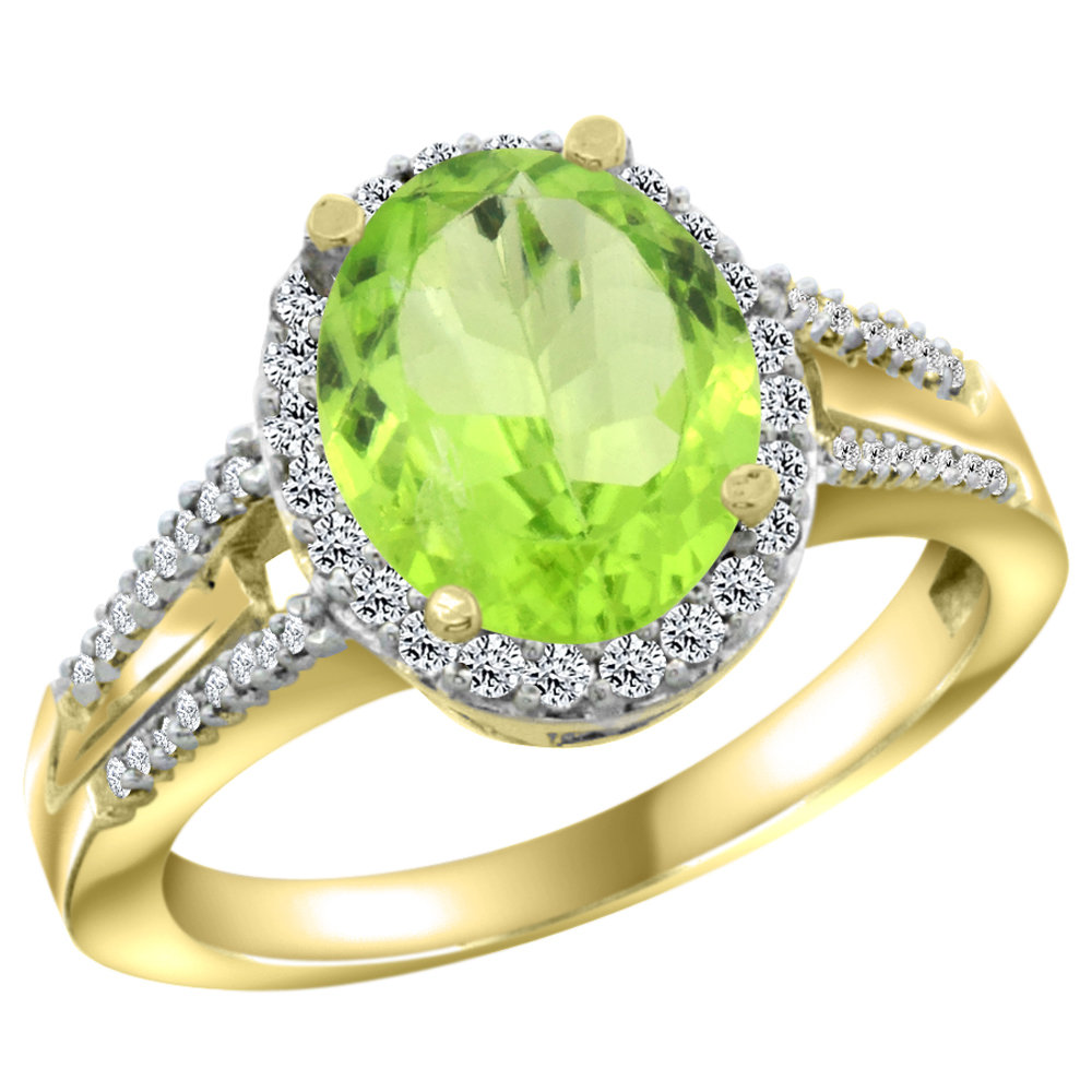 14K Yellow Gold Diamond Natural Peridot Engagement Ring Oval 10x8mm, sizes 5-10