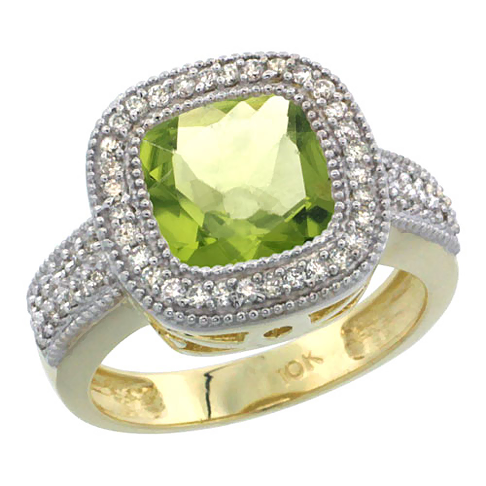 10K Yellow Gold Natural Peridot Ring Diamond Accent, Cushion-cut 9x9mm Diamond Accent, sizes 5-10