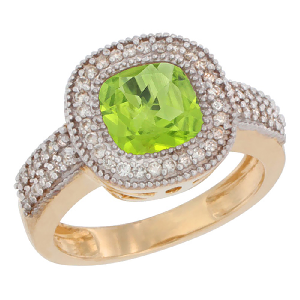 14K Yellow Gold Natural Peridot Ring Cushion-cut 7x7mm Diamond Accent, sizes 5-10