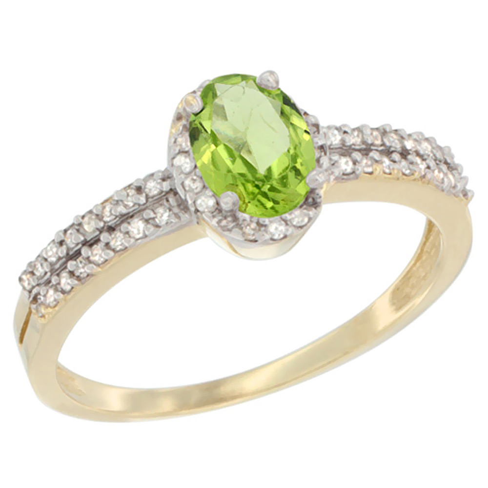 10K Yellow Gold Natural Peridot Ring Oval 6x4mm Diamond Accent, sizes 5-10